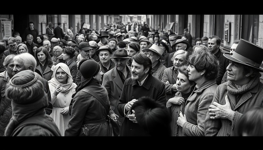 Vintage photo of crowd observing burned building, media influence.