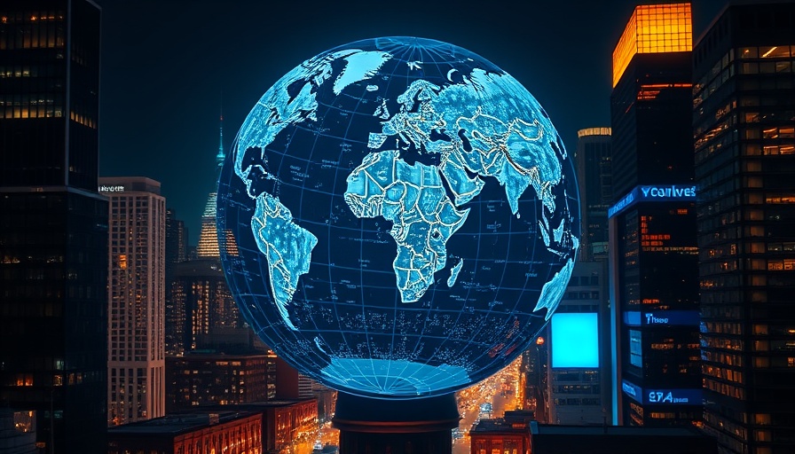 Shopify Black Friday event on digital sphere amid city lights.