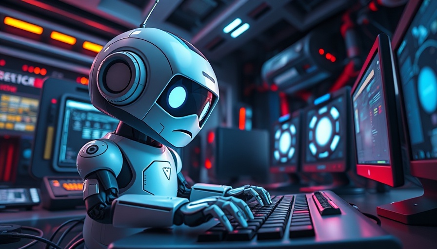 Cartoon robot working on GUI automation in dark tech room.