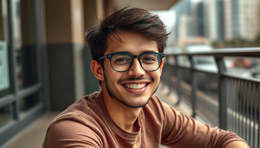 Casually smiling young man outdoors with city background, AI business strategy.