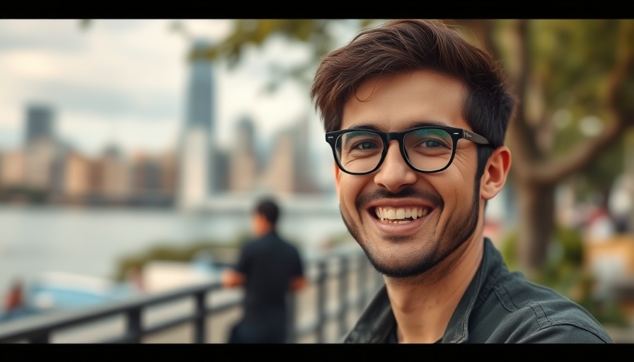 Smiling man outdoors with glasses near river