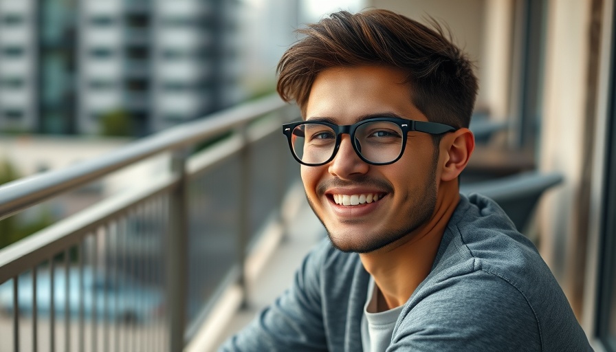 Young man smiling outdoors, AI scaling, cityscape background.