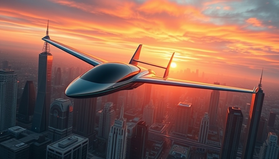 Futuristic electric aircraft flying over cityscape at sunrise.