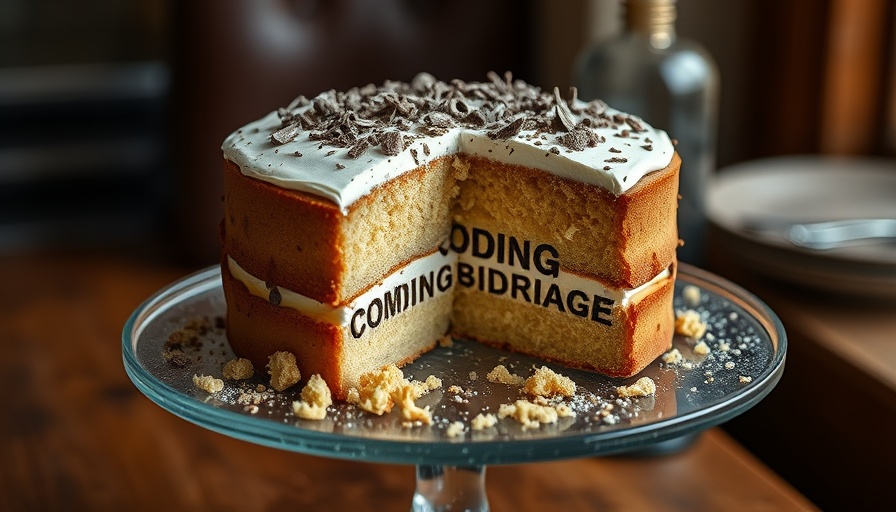 Humorous coding-themed cake with crumbs on a stand.