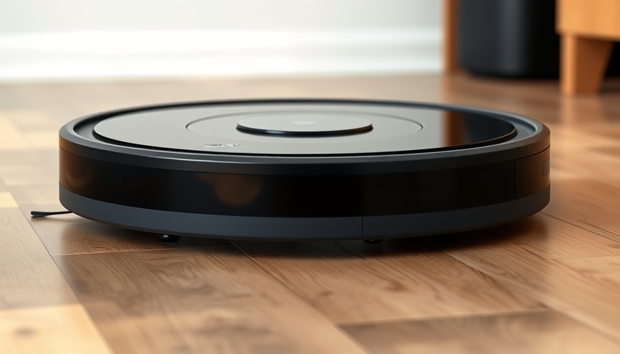 Sleek black robotic vacuum on wooden floor.
