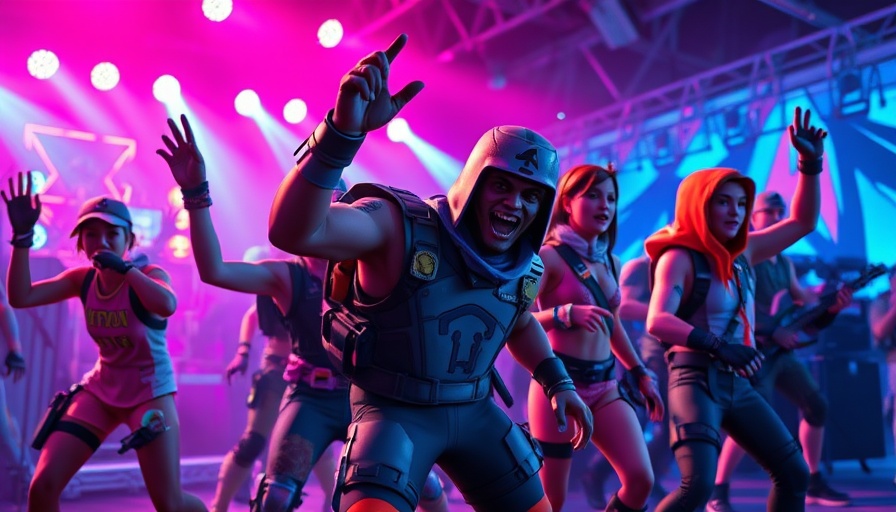 Fortnite concert scene with colorful characters and neon lights.