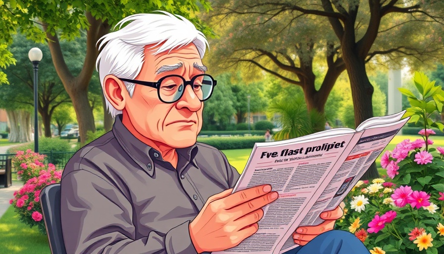 Elderly man reading newspaper in park, cartoon style, spring setting.