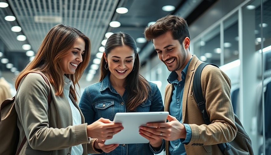 European retail transformation with people discussing a tablet.