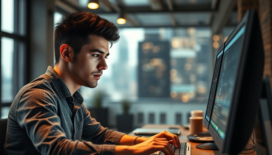 Young professional enhancing IT productivity coding at night in urban loft.