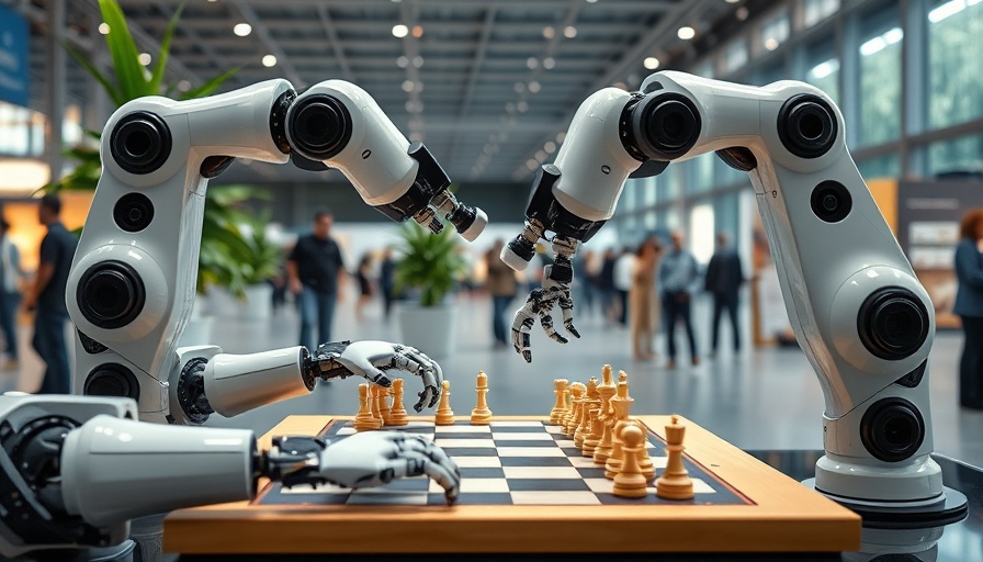 Robotic arms demonstrate AI chess strategy at tech expo.