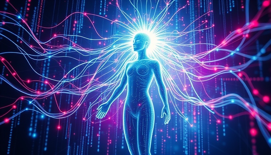 Agentic AI concept with digital figure in a luminous data stream.