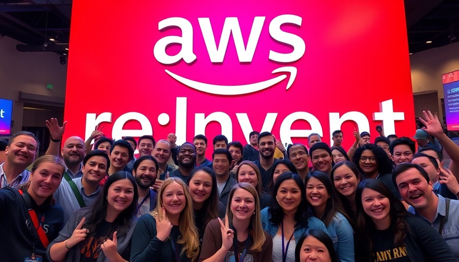 Group posing at AWS re:Invent conference in front of sign