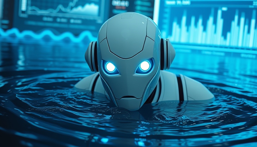Futuristic AI agents robot in digital water environment