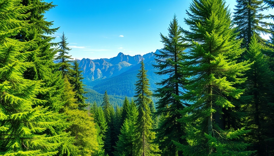 Lush forest and mountains under clear blue sky
