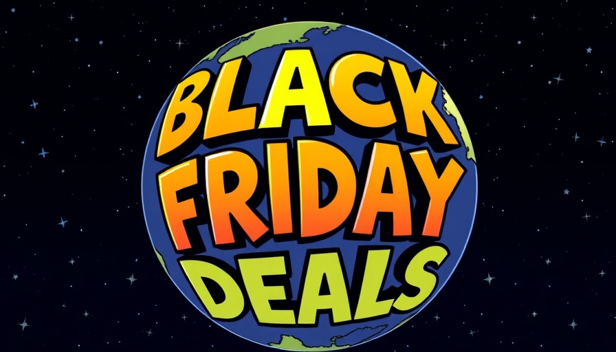Artistic Black Friday deals poster with colorful globe and stars.