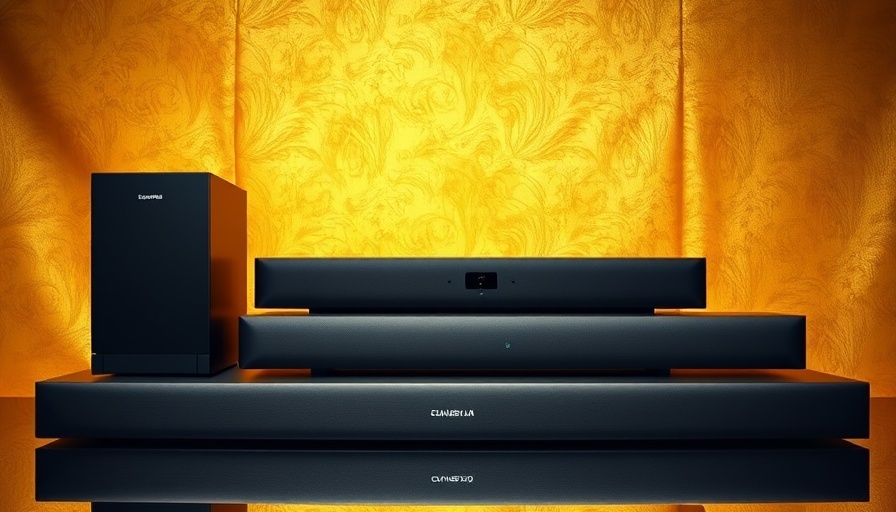 Various sleek soundbars displayed on a golden background highlighting soundbar deals.