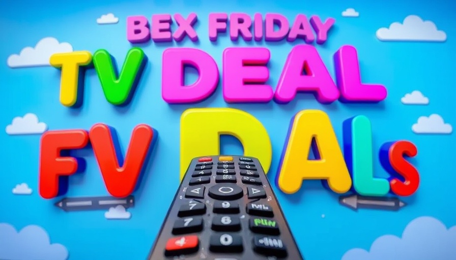 Colorful Black Friday TV deals posters with remote control.