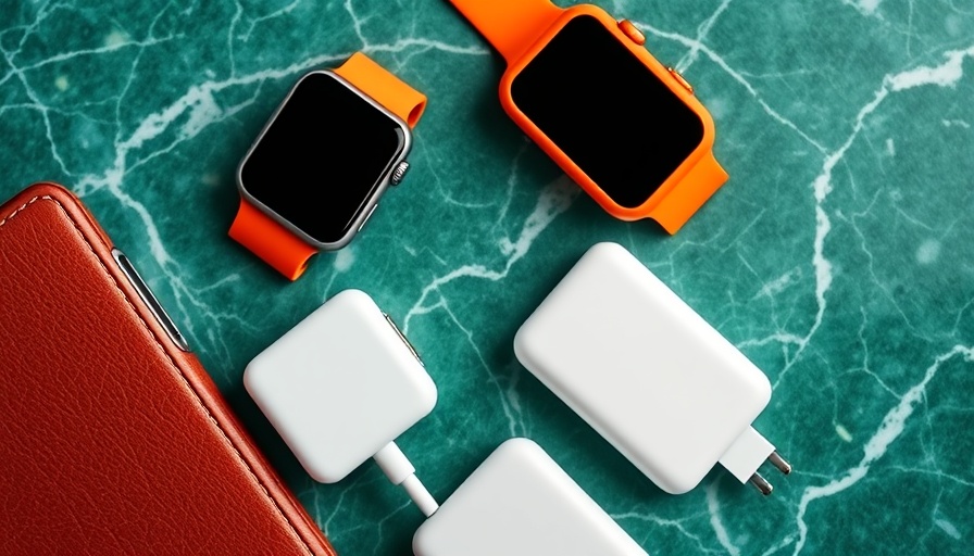 Black Friday tech deals promotional image with smartwatch, charger, phone case.