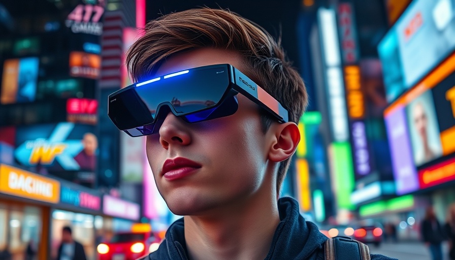 Sleek futuristic smart glasses in vibrant city environment.
