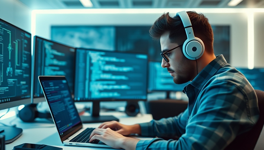 AI programming scene with programmer in sleek office.
