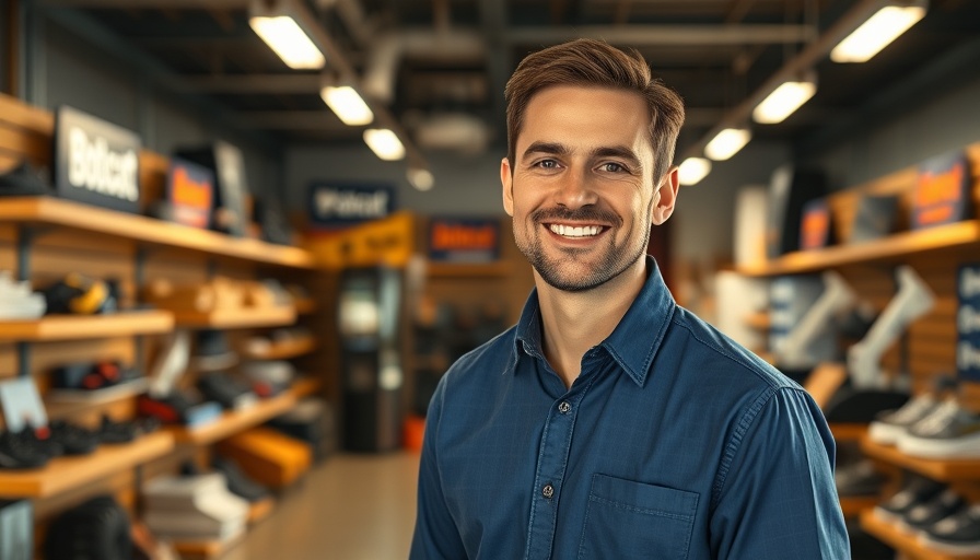 Smiling man promoting Bobcat dealership in store setting.