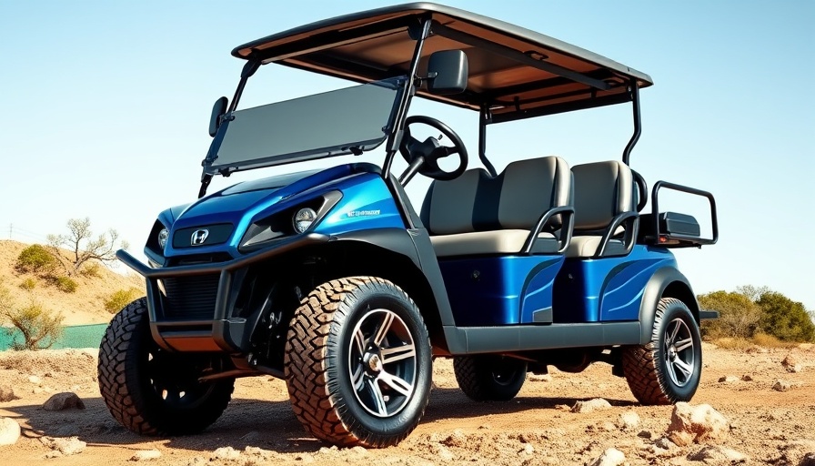 Modern blue golf cart with touchscreen and lithium battery features.