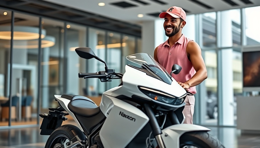 Man interacting with Naxeon Electric Motorcycle in showroom.