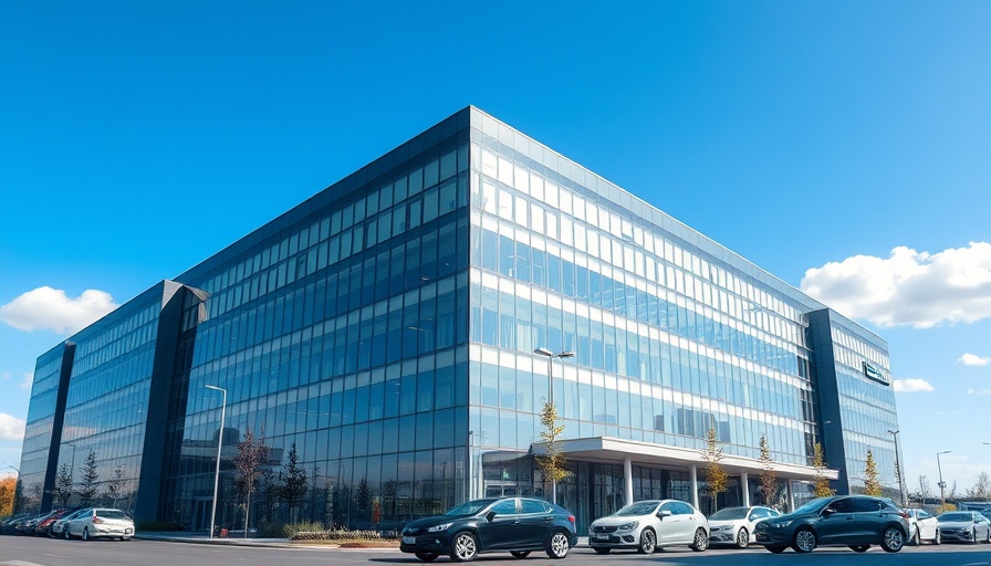Valeo cuts: corporate building with parking area.