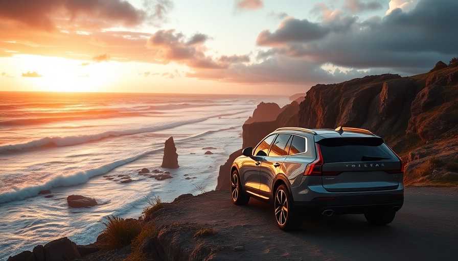 Polestar 3 parked cliffside with ocean view at sunset.