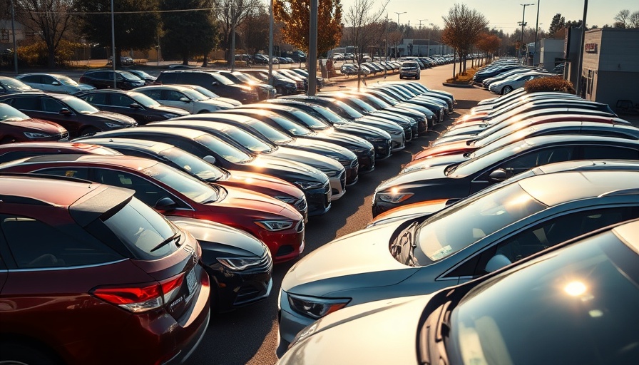 Parked cars in a row at a dealership for Black Friday auto deals.