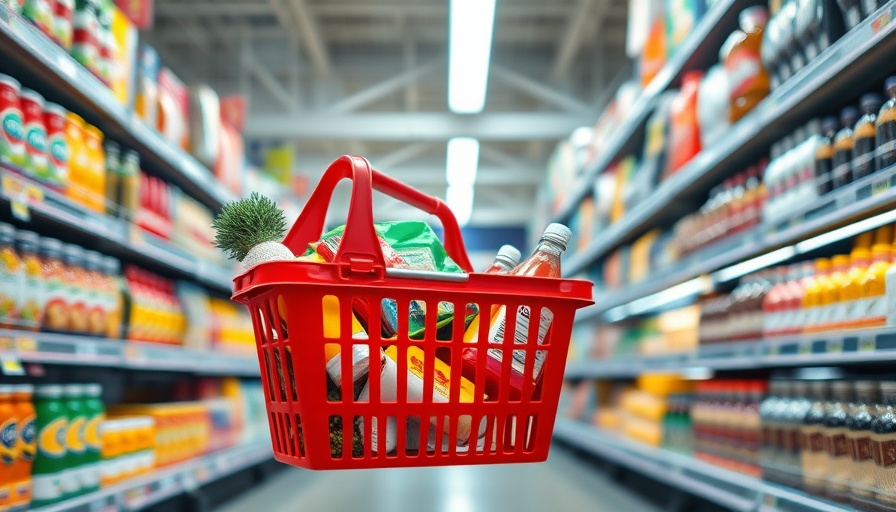 Unbanked Consumers: Red basket with groceries in supermarket aisle.
