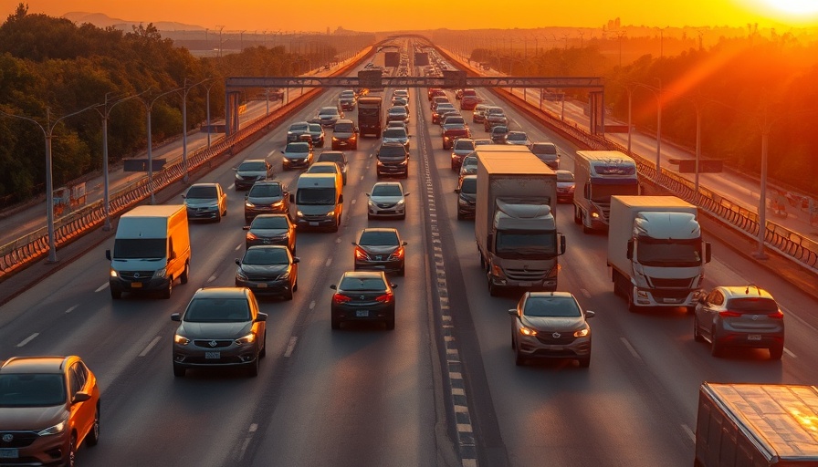Busy highway scene with cars and trucks at sunset, Powersports Finance