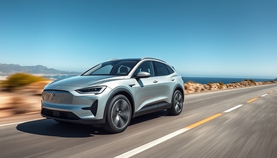 Sleek electric SUV driving by the coast, clear sky, Kia EV3 America