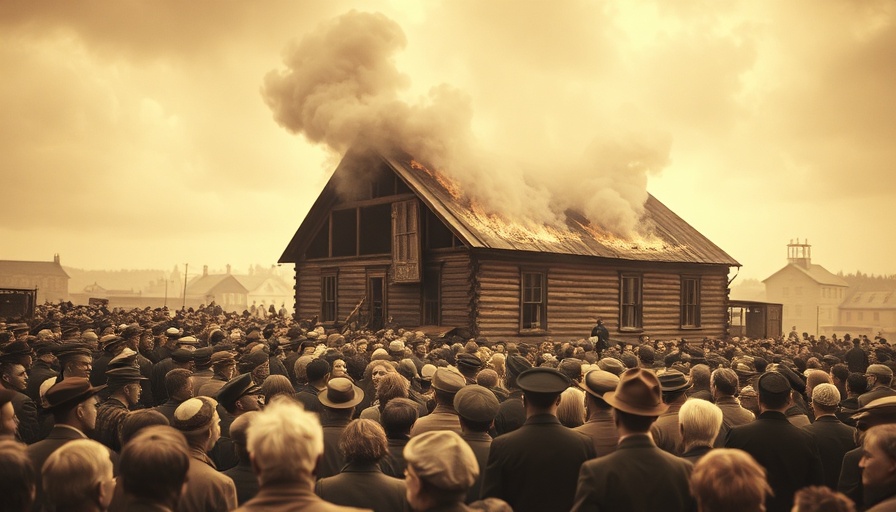 Historical crowd observing burnt building, early 20th-century.