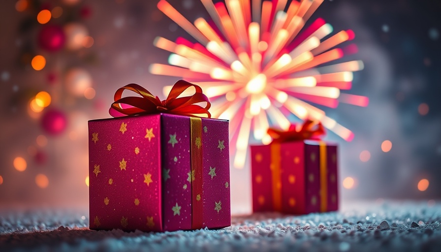 Festive gift boxes with fireworks for post-holiday marketing.