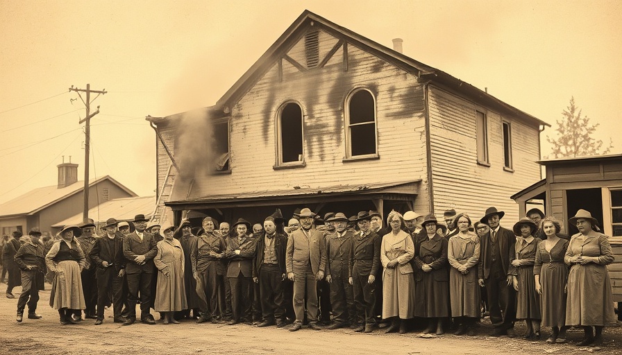 Sepia photo of group near burned building, illustrating media bias.