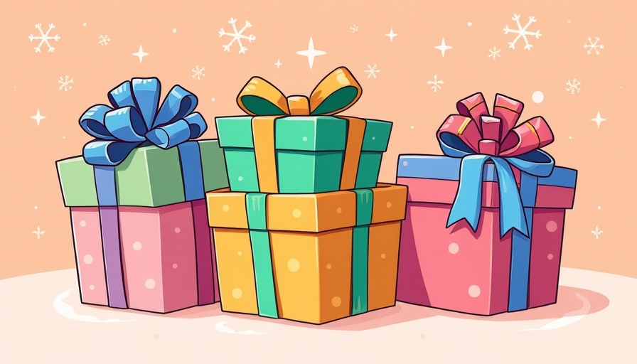 Q5 marketing festive colorful gifts with bows and sparkles.