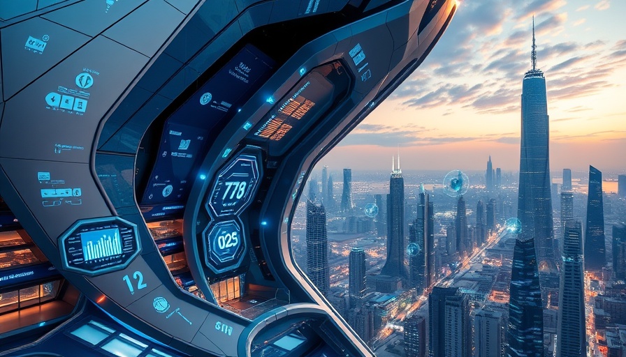 Futuristic AI architecture with holographic screens and cityscape.
