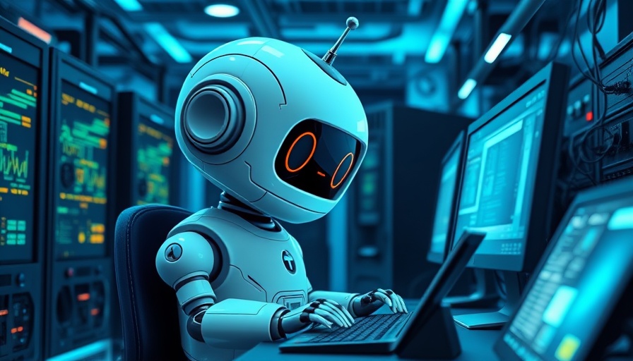 AI GUI Automation cartoon robot working at computer.