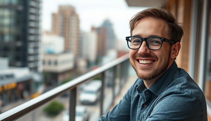 Man on a balcony with glasses, city background