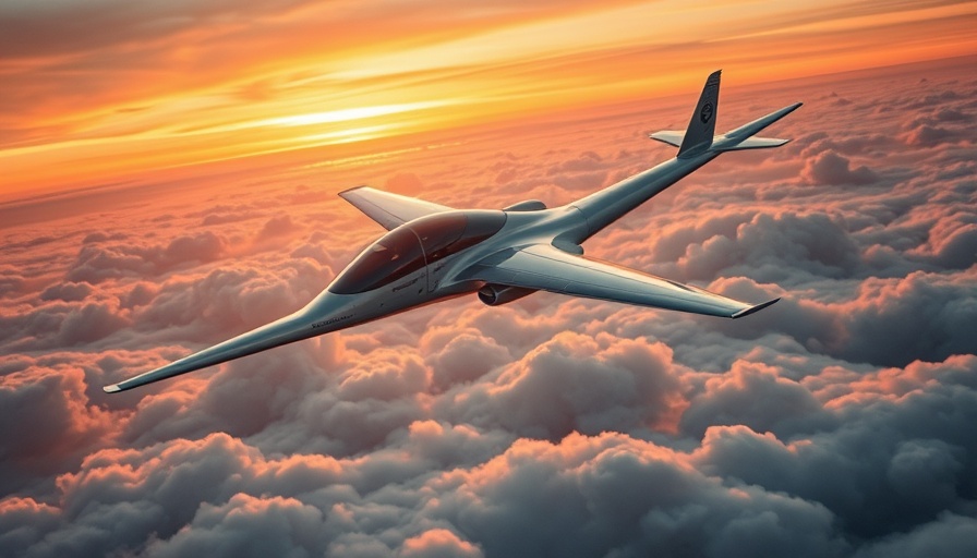 Modern electric airplane flying above clouds at sunset.
