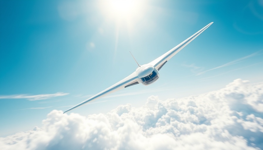 Stylized futuristic electric aircraft in flight, clear sky, dynamic scene.
