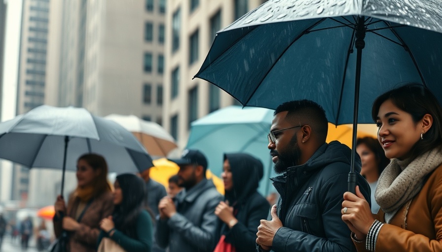 People with umbrellas discussing weather insurance in rain.