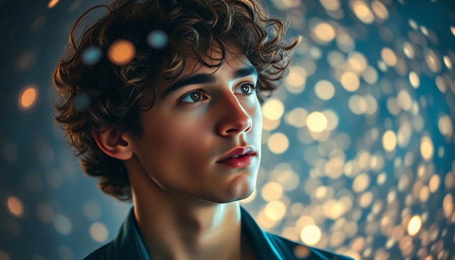 Young man contemplating Free LLM Courses amid sparkling lights.