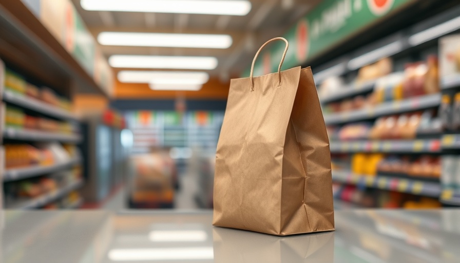 Brown paper bag on a supermarket counter with blurred shelves.