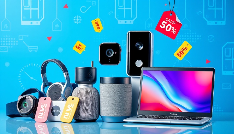 Cyber Monday deals with various electronic gadgets on a blue background.
