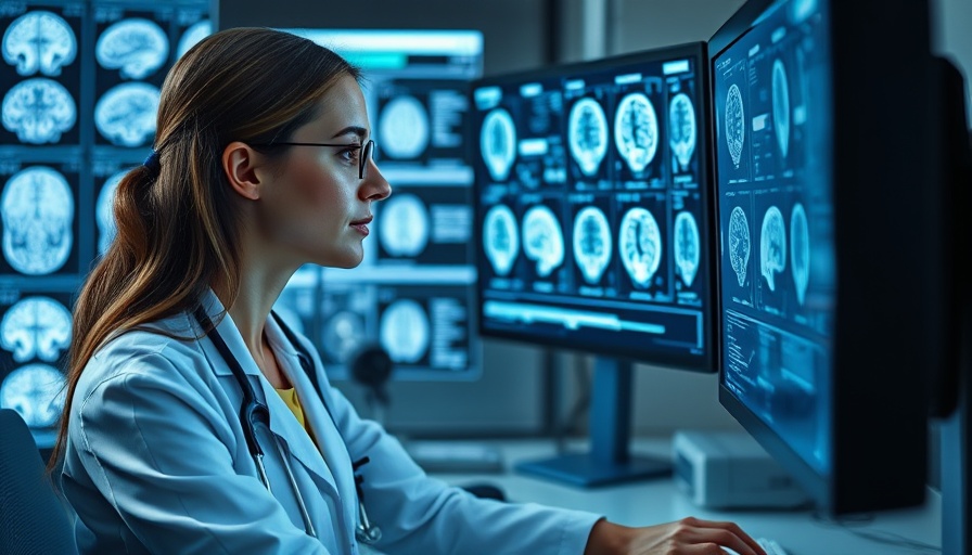 Doctor using AI strategies to analyze brain scans on monitors.
