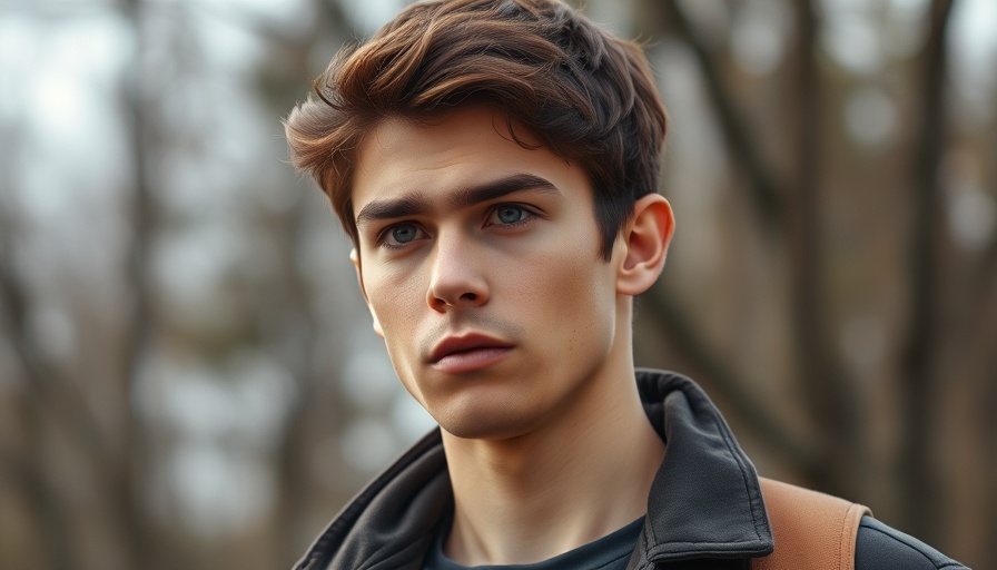 Serious young man outdoors, photorealistic image.