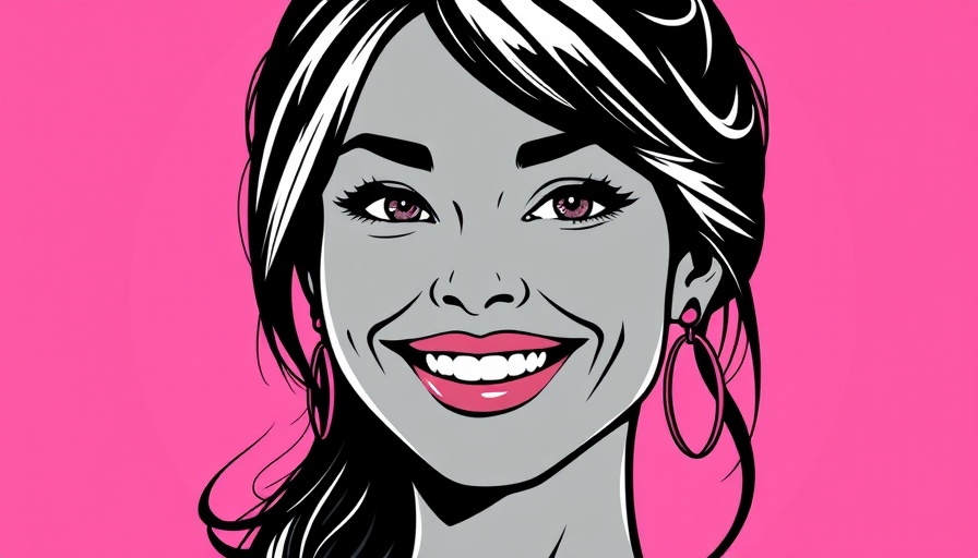 Stylized portrait of smiling woman with pink background.