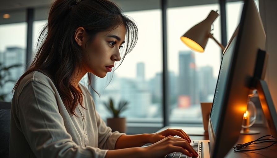 Young woman coding at night in urban office, IT productivity focus.